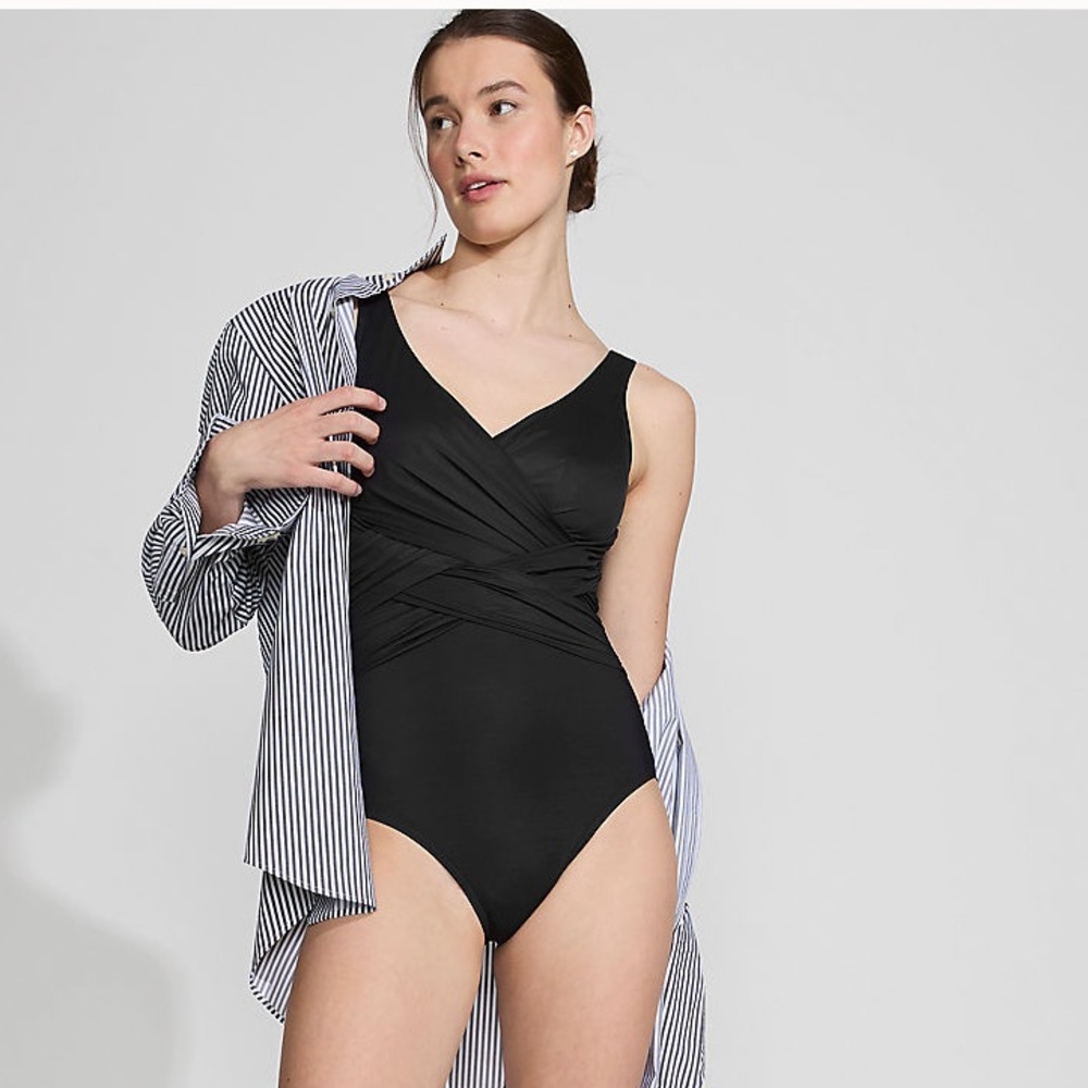 Lands' End Black One Piece Swimsuit Wrap Design